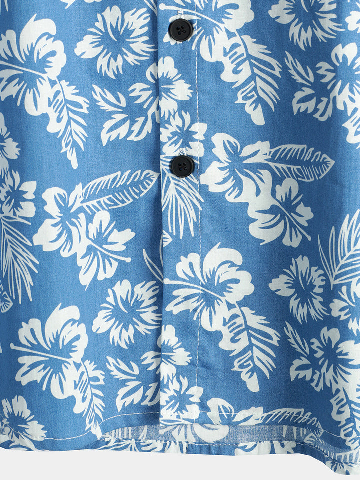Chemise de plage boutonnée à manches courtes en coton avec feuilles de plantes tropicales bleues pour hommes Aloha Resort
