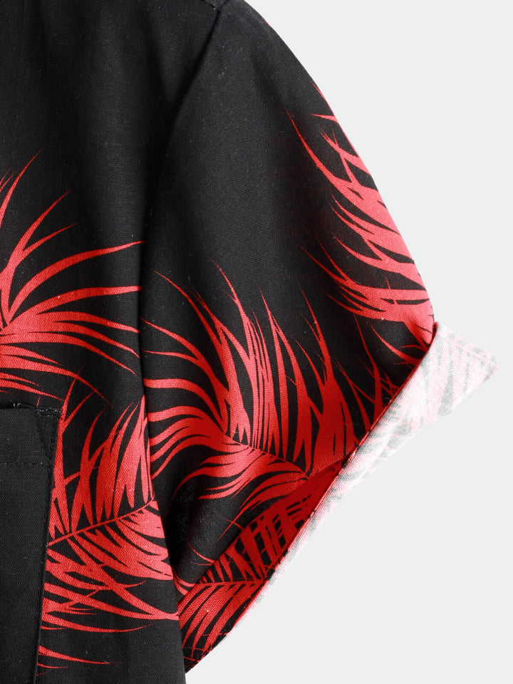Chemise à manches courtes boutonnée en coton et lin imprimé feuilles de palmier hawaïennes pour hommes