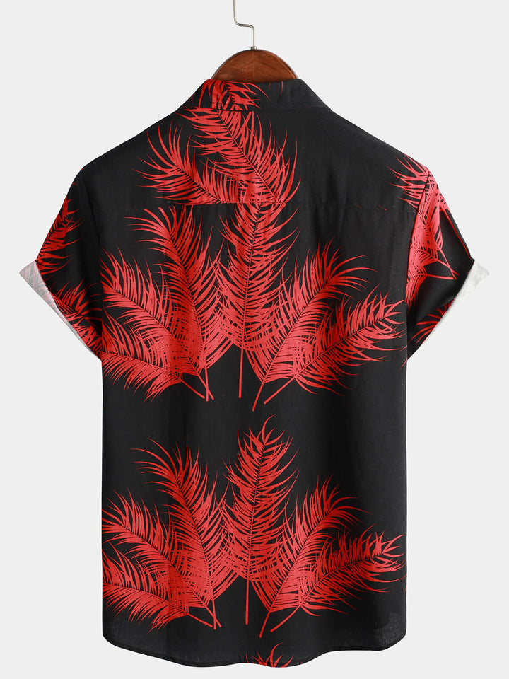 Chemise à manches courtes boutonnée en coton et lin imprimé feuilles de palmier hawaïennes pour hommes