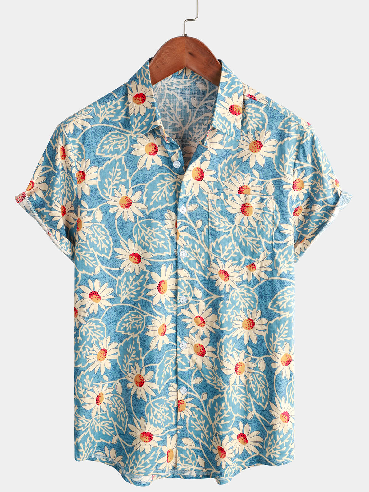 Chemise Florale Hawaïenne Rétro pour Homme, de Vacances, Boutons, Bleu, à Manches Courtes