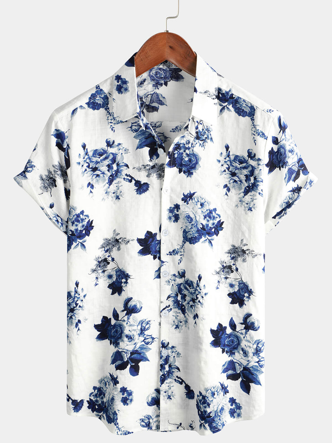 Chemise hawaïenne à imprimé floral bleu pour homme, à manches courtes, avec boutons et col blanc