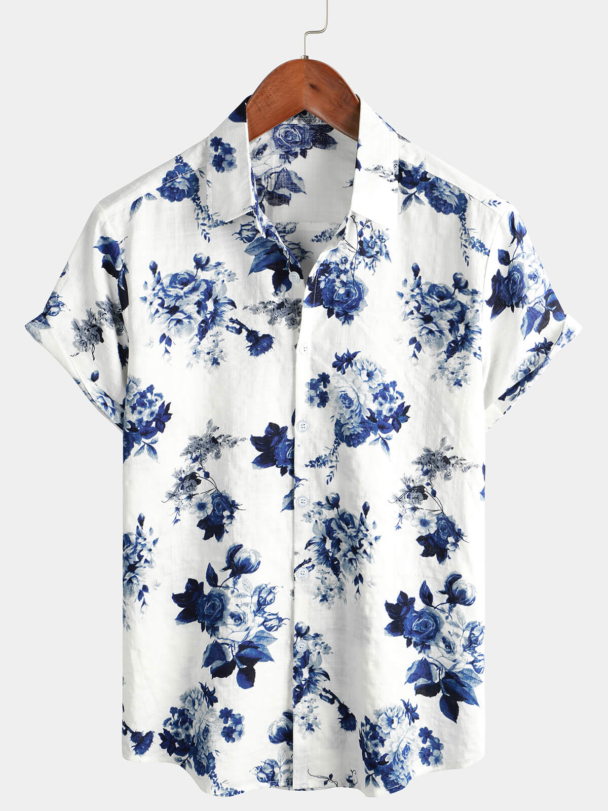 Chemise Hawaïenne à Imprimé Floral Bleu pour Homme, à Manches Courtes, avec Boutons et Col Blanc