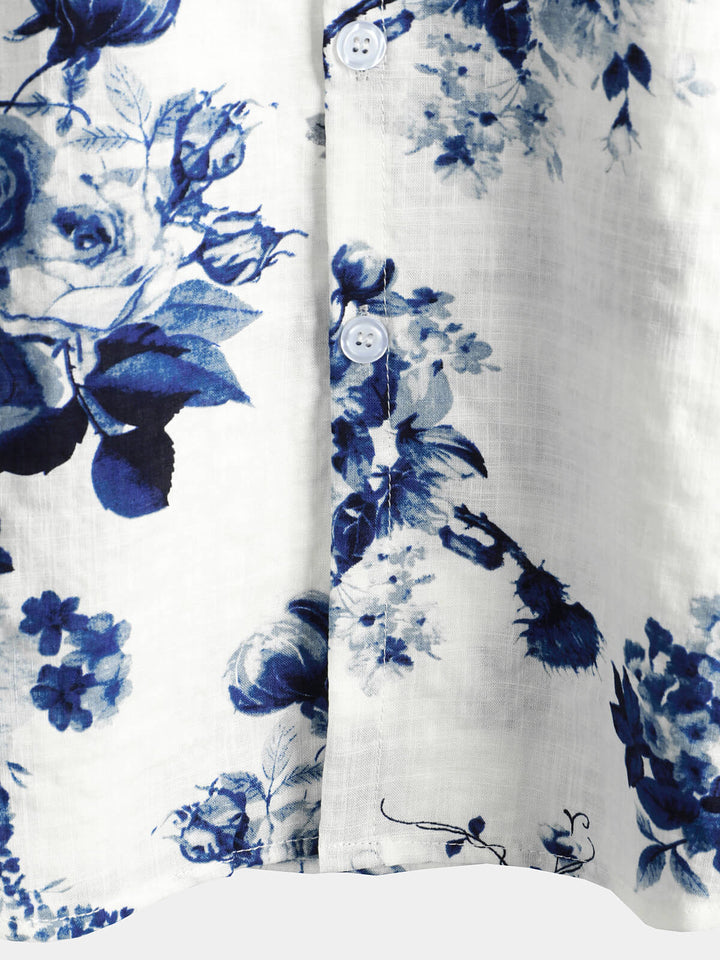 Chemise hawaïenne à imprimé floral bleu pour homme, à manches courtes, avec boutons et col blanc