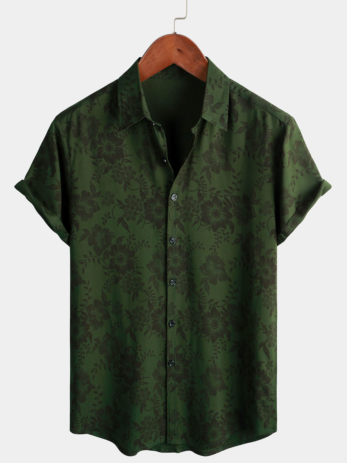Chemise pour Homme Vintage Hawaïenne à Manches Courtes avec Boutons, Fleurie Vert Foncé pour Vacances à la Plage