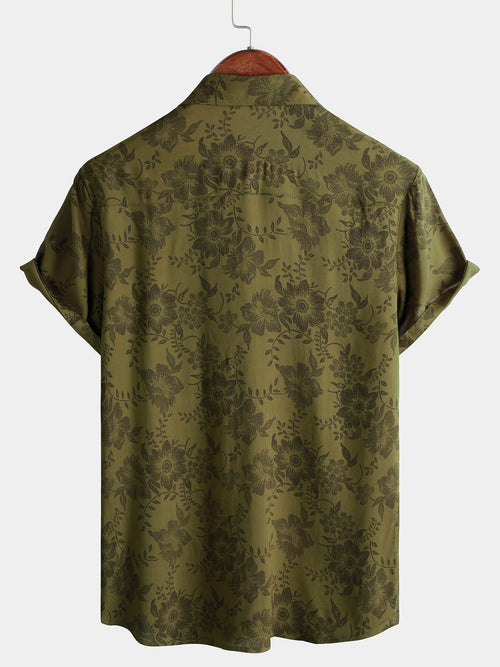 Men's Vintage Floral Green Short Sleeve Cool Retro 70s Summer Shirt
