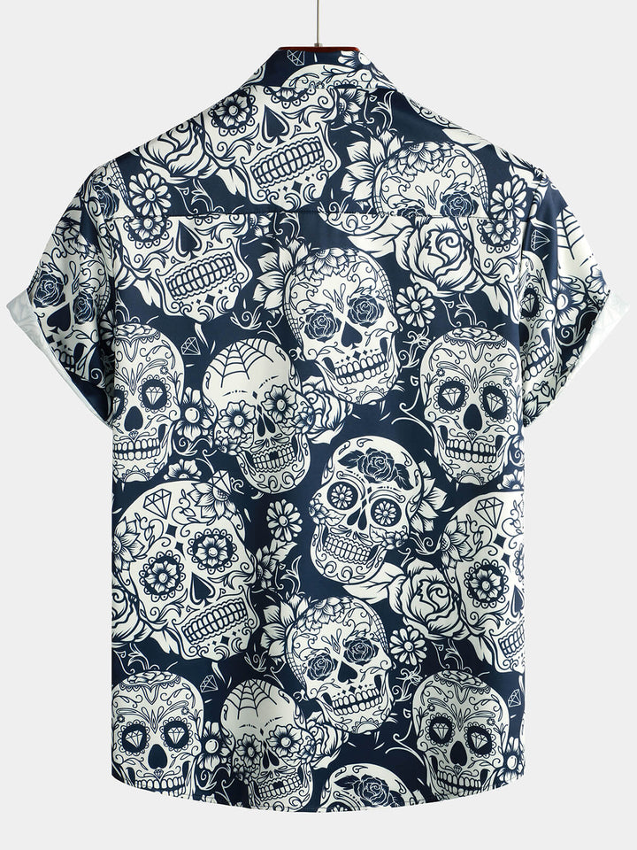 Chemise hawaïenne à manches courtes pour hommes imprimé Floral crâne de sucre Cool boutonnée drôle