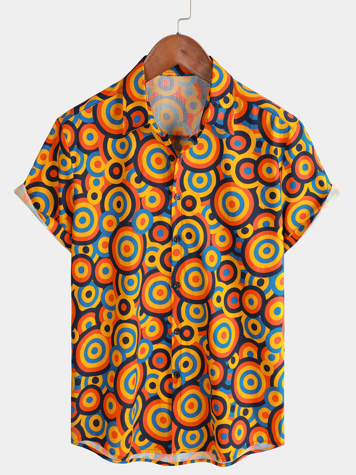 Chemise boutonnée rétro orange des années 70 pour hommes, cercle géométrique vintage