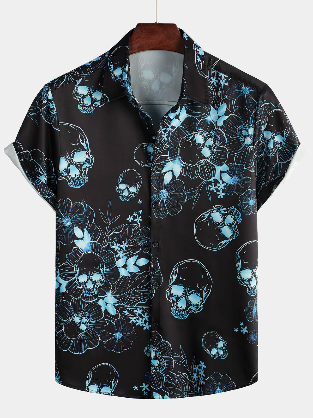 Chemise à Manches Courtes avec Boutons de Crâne Floral Bleu Décontractée pour Homme
