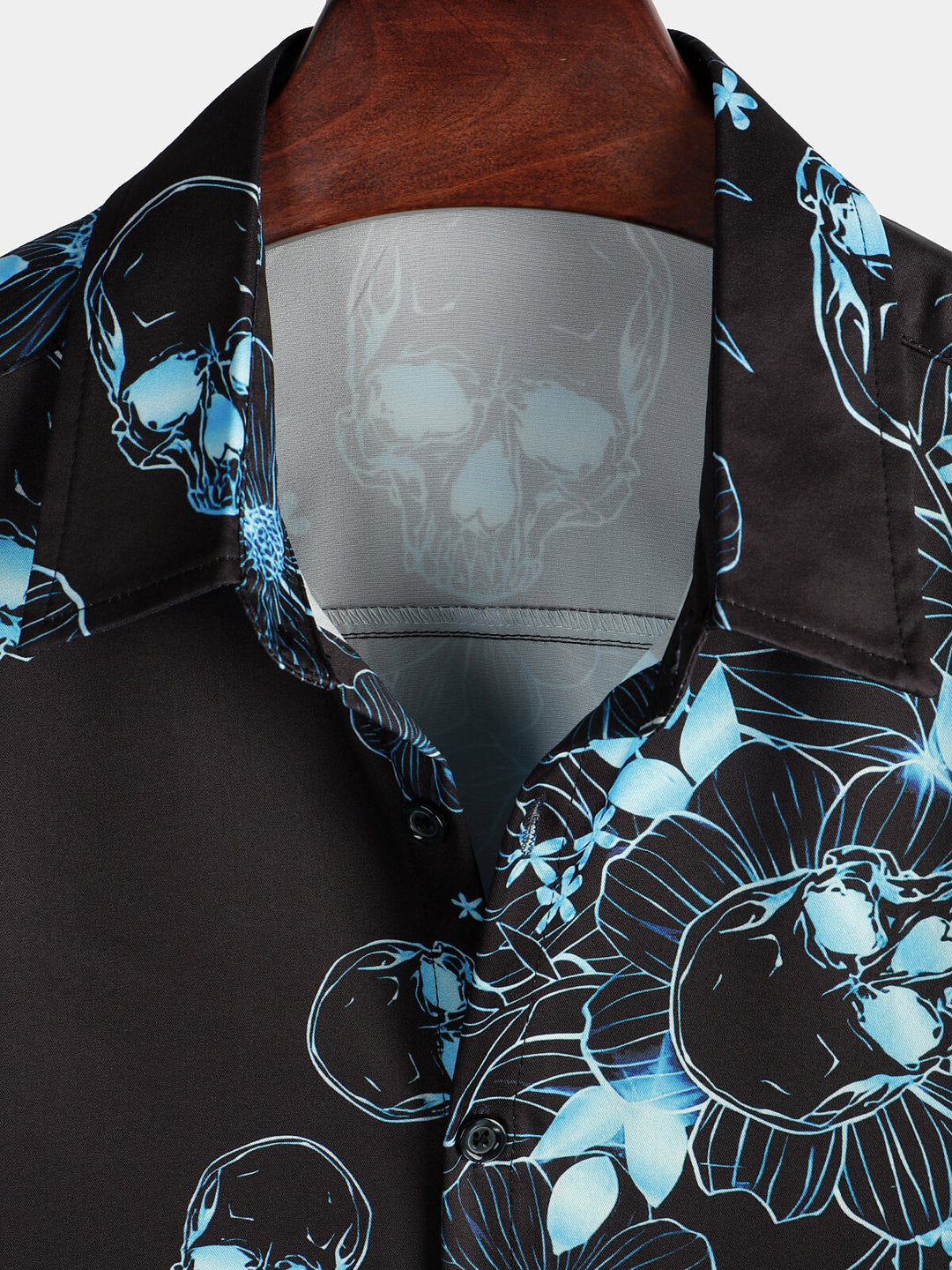 Chemise décontractée à manches courtes pour hommes, imprimé tête de mort florale bleue, bouton Cool