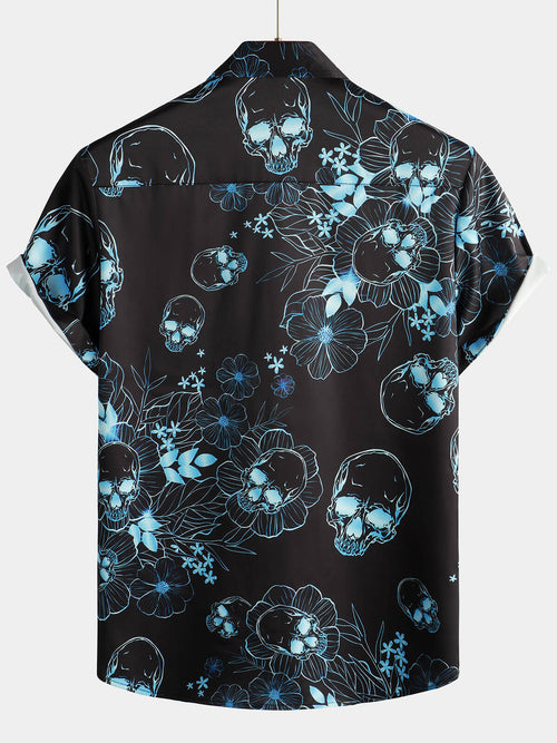 Chemise à Manches Courtes avec Boutons de Crâne Floral Bleu Décontractée pour Homme