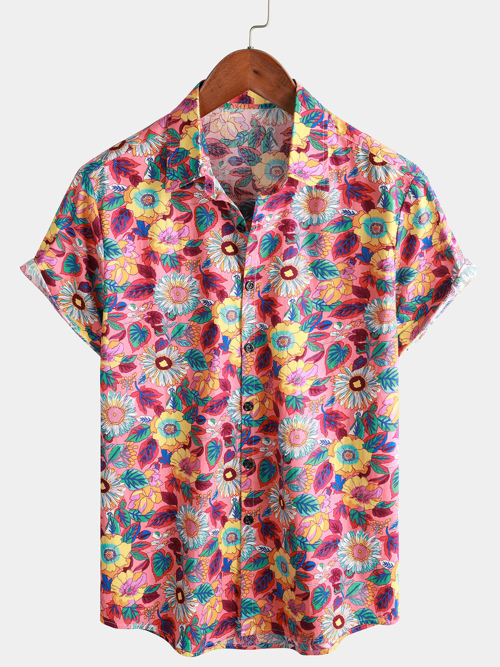 Chemise Hawaïenne pour Homme à Boutons Rose Floral à Manches Courtes pour l'Été