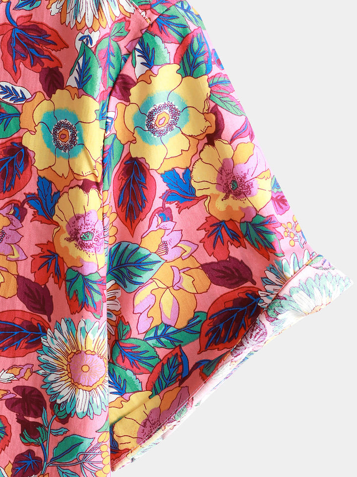 Hommes Rose Floral 100% Coton Respirant Eté à manches courtes Chemise hawaïenne boutonnée
