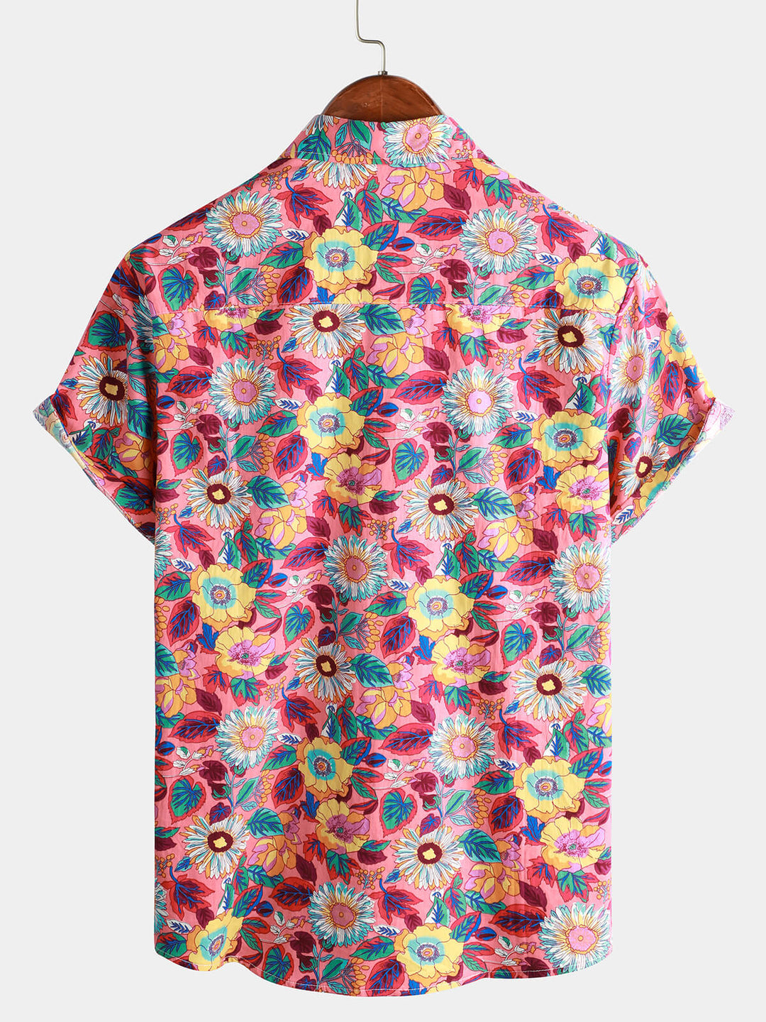Hommes Rose Floral 100% Coton Respirant Eté à manches courtes Chemise hawaïenne boutonnée