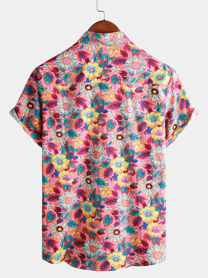 Hommes Rose Floral 100% Coton Respirant Eté à manches courtes Chemise hawaïenne boutonnée