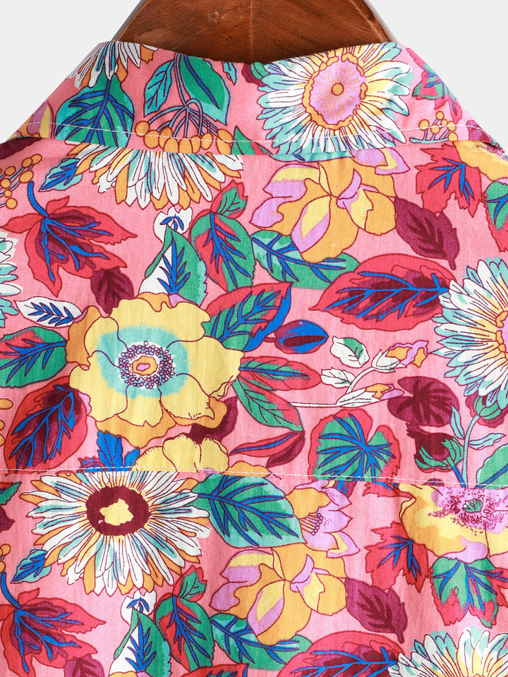 Hommes Rose Floral 100% Coton Respirant Eté à manches courtes Chemise hawaïenne boutonnée