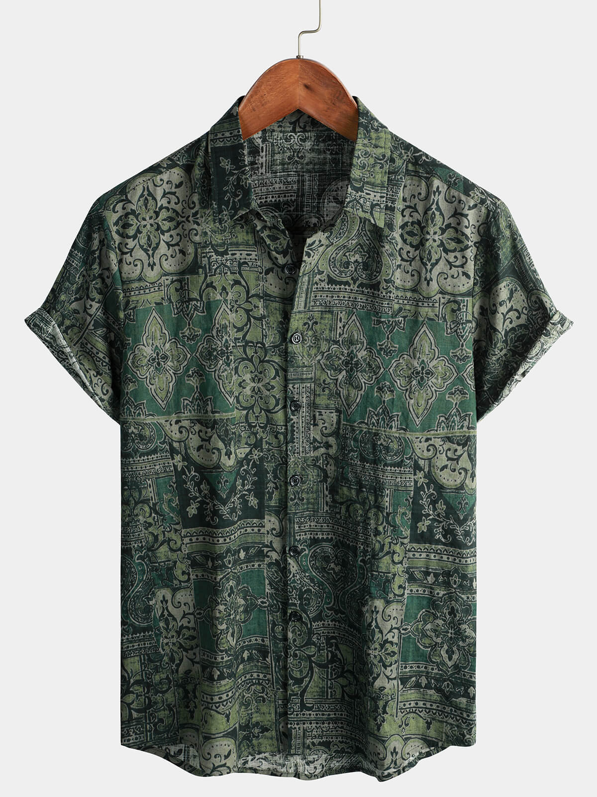 Chemise à Imprimé Floral Paisley Rétro pour Homme, Verte, à Manches Courtes