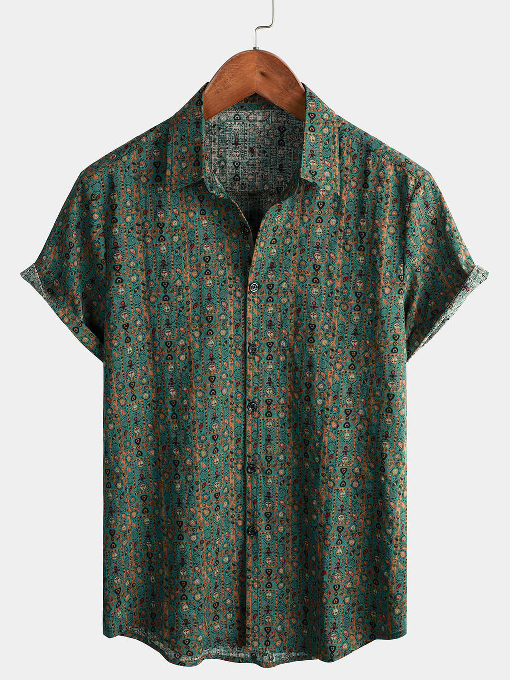 Chemise pour Homme Vintage Imprimé Paisley des Années 70, Verte, Boho, Rétro, Tribal, à Manches Courtes