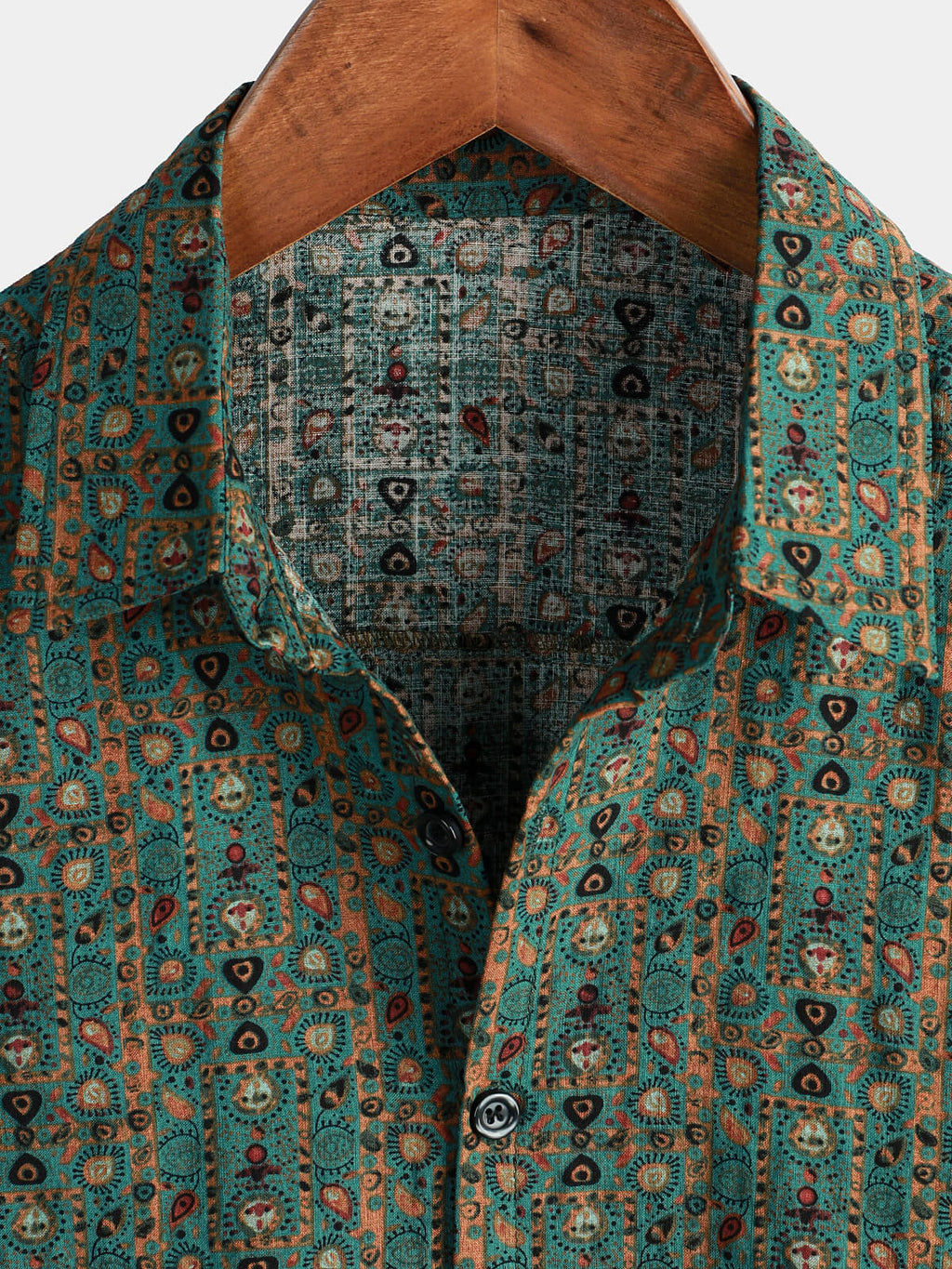 Chemise pour Homme Vintage Imprimé Paisley des Années 70, Verte, Boho, Rétro, Tribal, à Manches Courtes