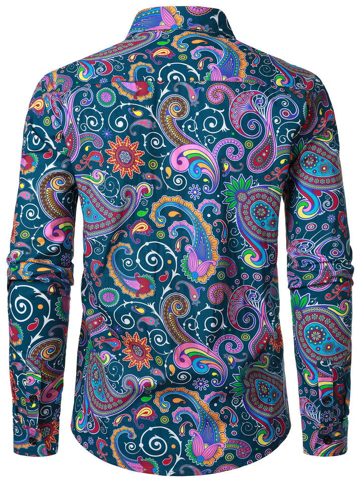Chemise disco à manches longues en coton à imprimé cachemire vintage années 70 pour homme