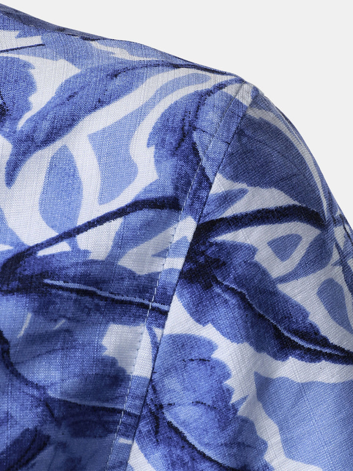 Chemise Homme à Boutons Manches Courtes à Imprimé Tropical Bleu avec Poche Style Resort
