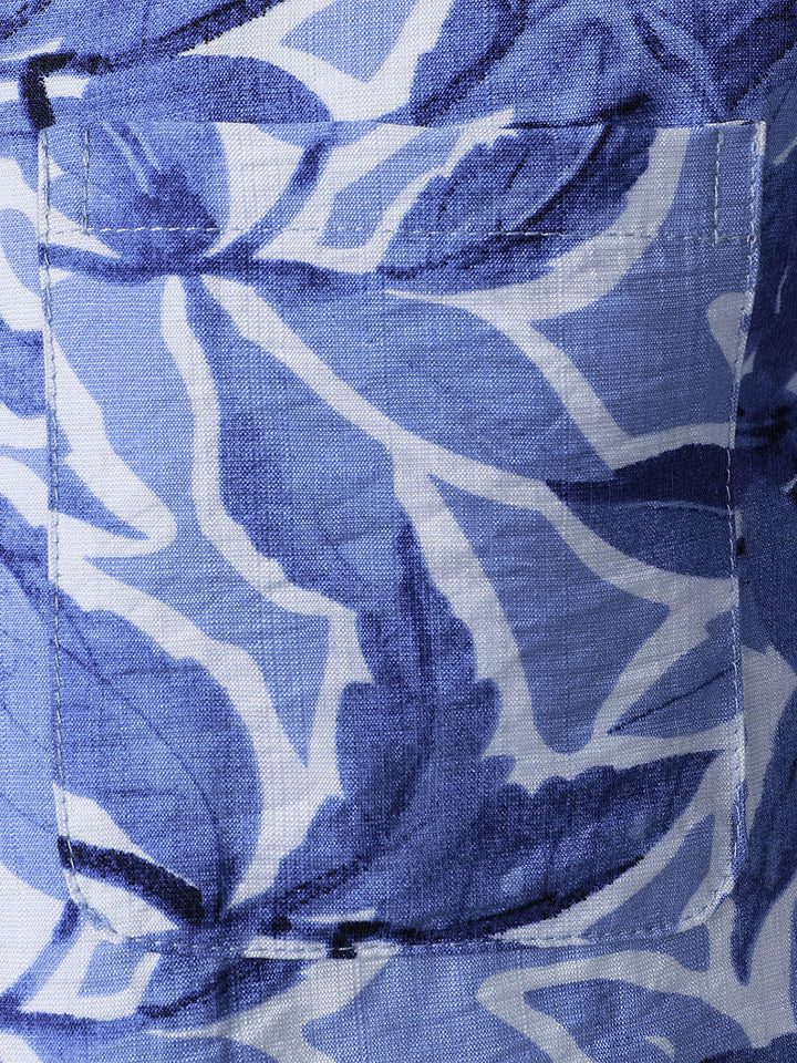 Chemise Homme à Boutons Manches Courtes à Imprimé Tropical Bleu avec Poche Style Resort