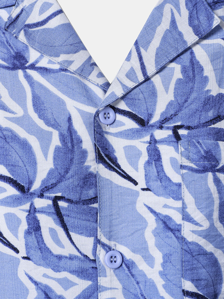 Chemise Homme à Boutons Manches Courtes à Imprimé Tropical Bleu avec Poche Style Resort