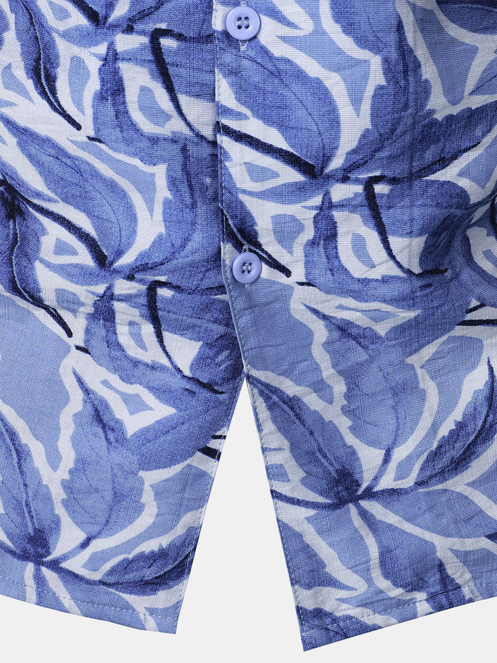 Chemise Homme à Boutons Manches Courtes à Imprimé Tropical Bleu avec Poche Style Resort