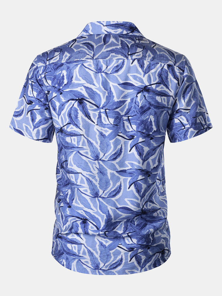 Chemise Homme à Boutons Manches Courtes à Imprimé Tropical Bleu avec Poche Style Resort