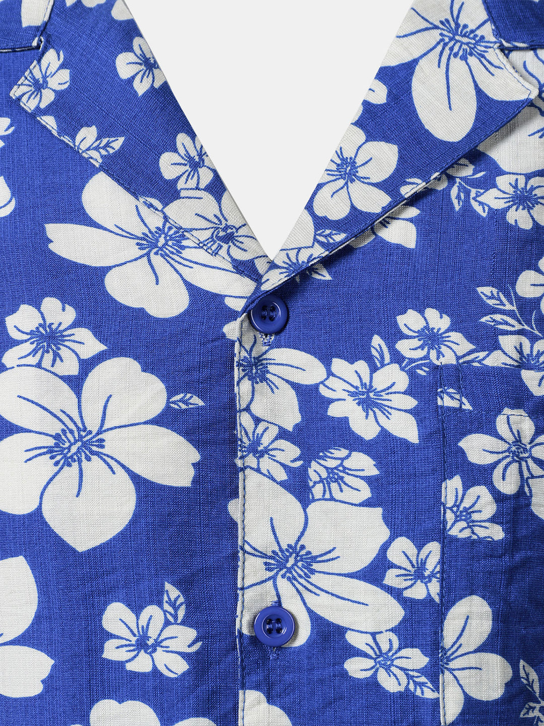 Chemise Homme à Boutons Manches Courtes à Imprimé Floral Bleu avec Poche Style Hawaïen Col Cubain