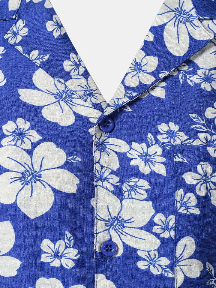 Chemise Homme à Boutons Manches Courtes à Imprimé Floral Bleu avec Poche Style Hawaïen Col Cubain