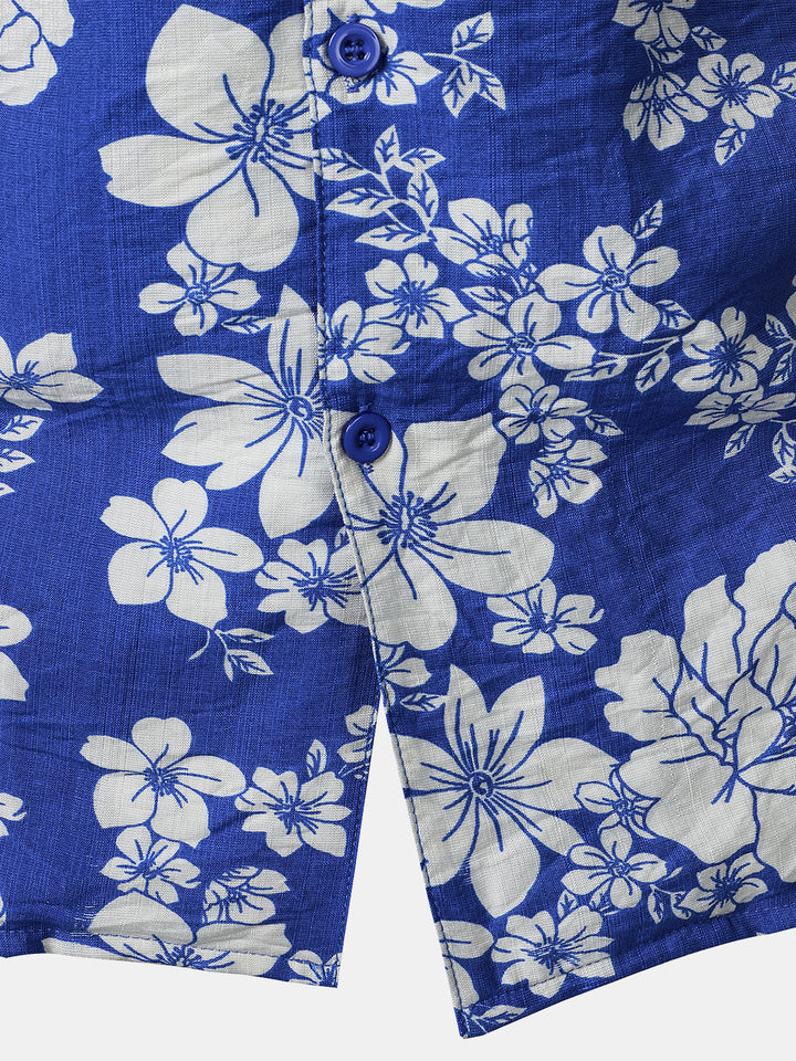 Chemise Homme à Boutons Manches Courtes à Imprimé Floral Bleu avec Poche Style Hawaïen Col Cubain