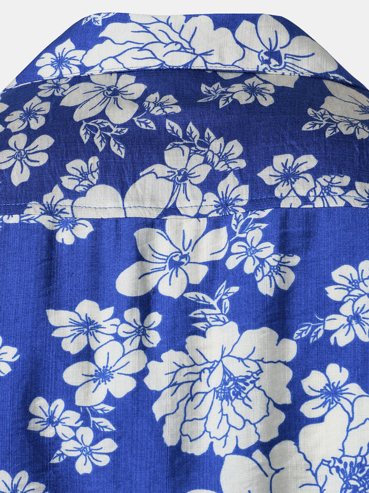 Chemise Homme à Boutons Manches Courtes à Imprimé Floral Bleu avec Poche Style Hawaïen Col Cubain