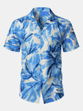 Chemise Homme à Boutons Manches Courtes à Imprimé Feuilles Tropicales Bleu avec Poche Style Hawaïen Col Cubain