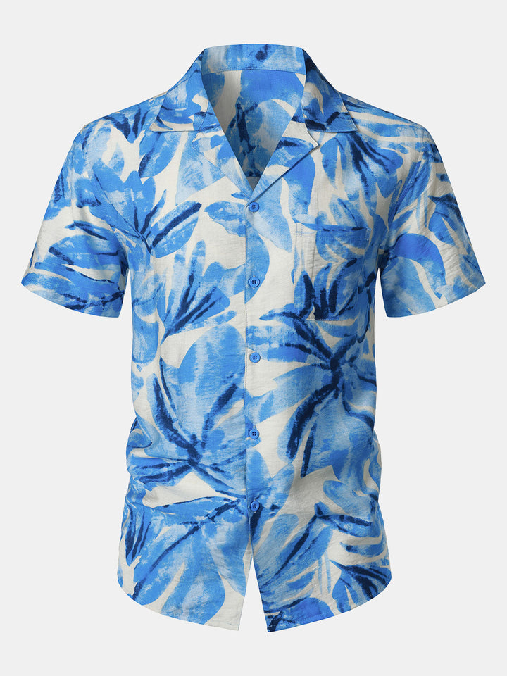 Chemise Homme à Boutons Manches Courtes à Imprimé Feuilles Tropicales Bleu avec Poche Style Hawaïen Col Cubain