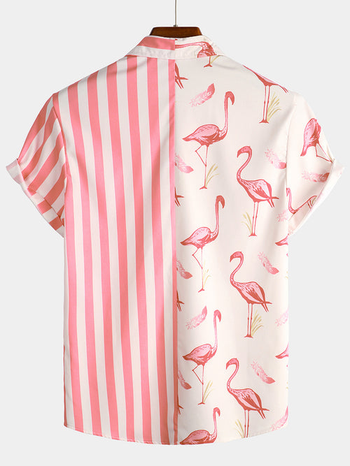Chemise à Manches Courtes avec Imprimé Flamant Rose et Rayures pour Homme