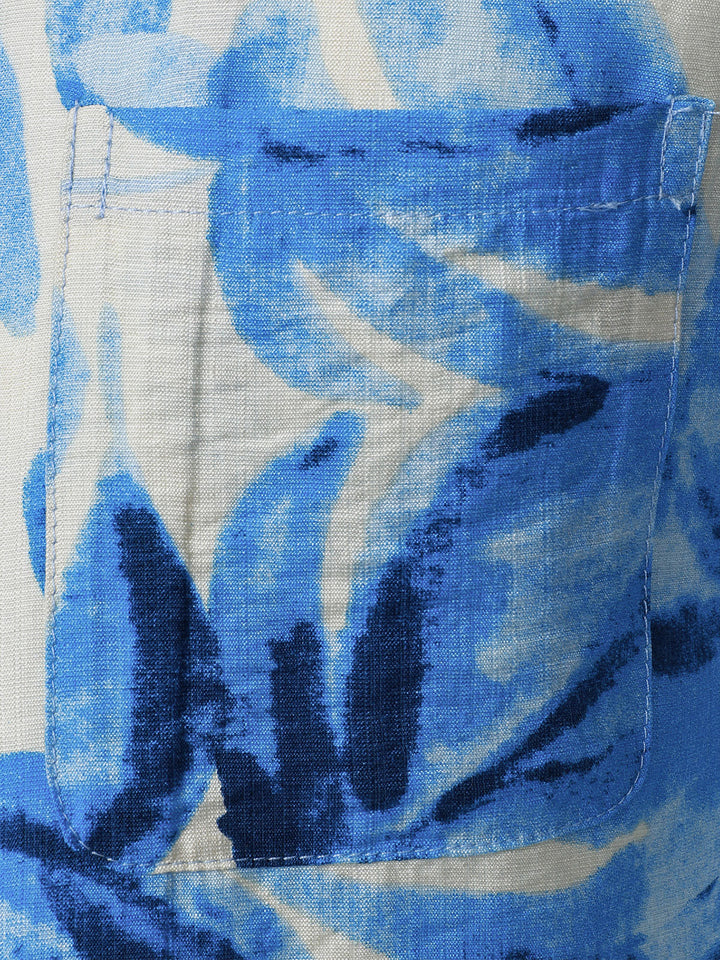 Chemise Homme à Boutons Manches Courtes à Imprimé Feuilles Tropicales Bleu avec Poche Style Hawaïen Col Cubain