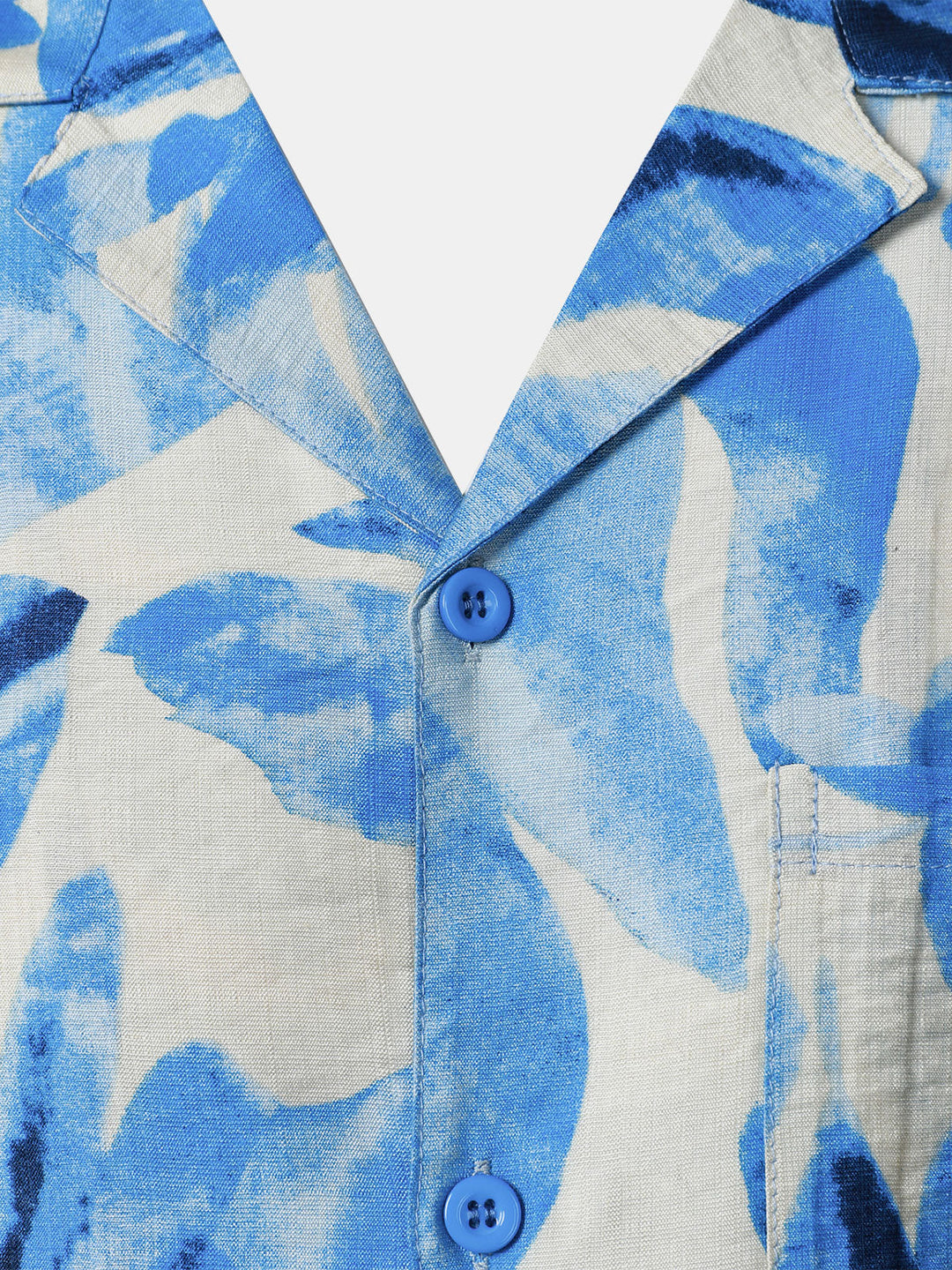 Chemise Homme à Boutons Manches Courtes à Imprimé Feuilles Tropicales Bleu avec Poche Style Hawaïen Col Cubain