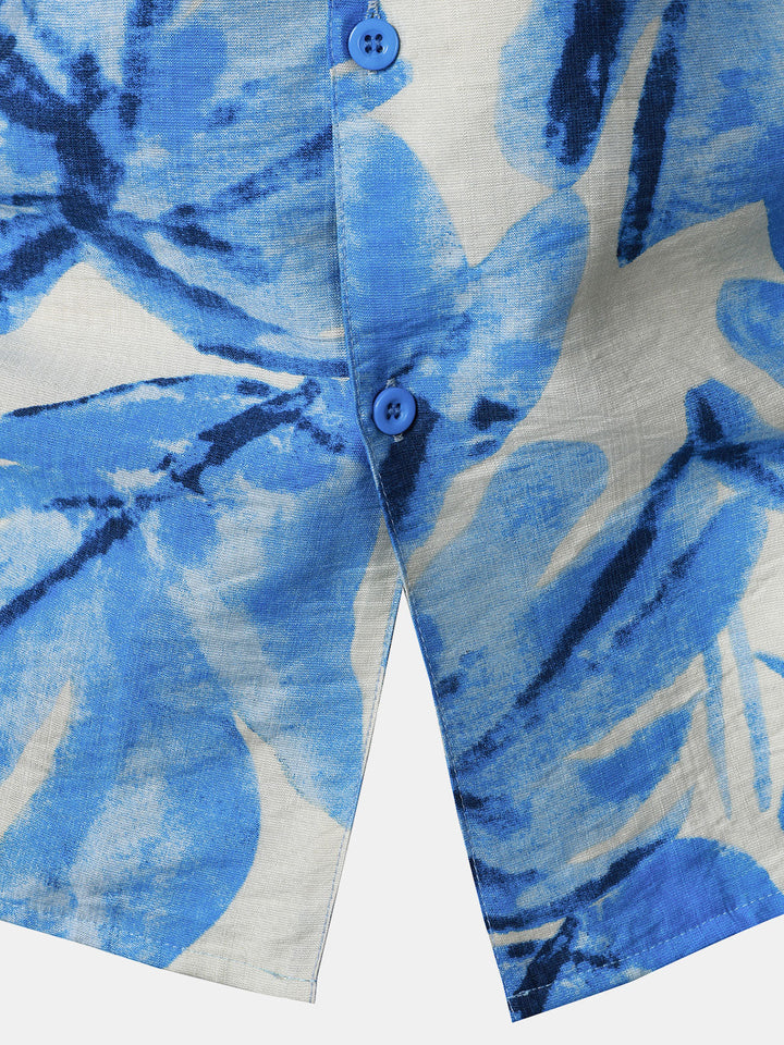 Chemise Homme à Boutons Manches Courtes à Imprimé Feuilles Tropicales Bleu avec Poche Style Hawaïen Col Cubain