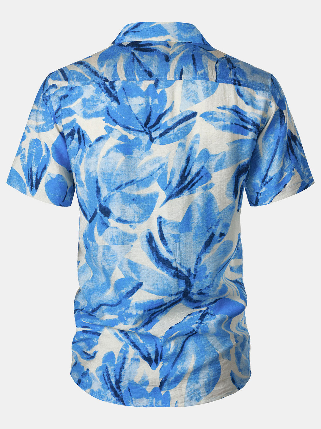 Chemise Homme à Boutons Manches Courtes à Imprimé Feuilles Tropicales Bleu avec Poche Style Hawaïen Col Cubain