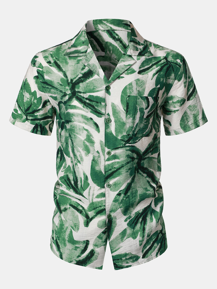 Chemise Homme à Boutons Manches Courtes à Imprimé Feuilles Tropicales Vert avec Poche Style Hawaïen