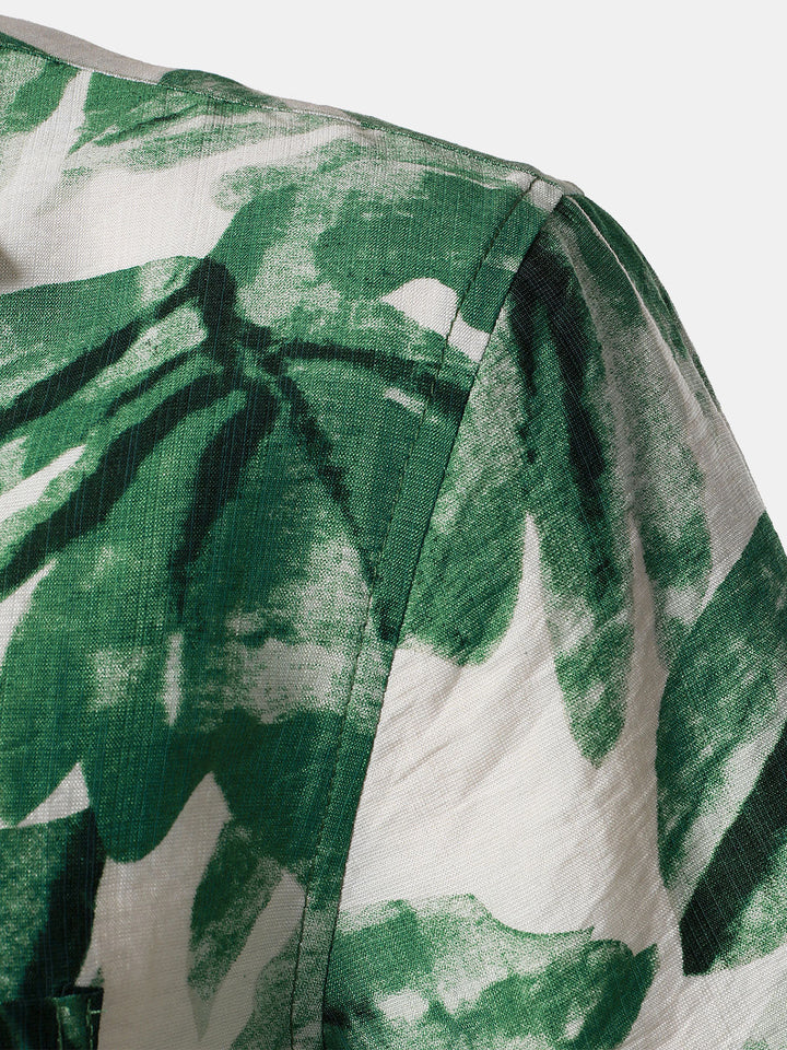Chemise Homme à Boutons Manches Courtes à Imprimé Feuilles Tropicales Vert avec Poche Style Hawaïen