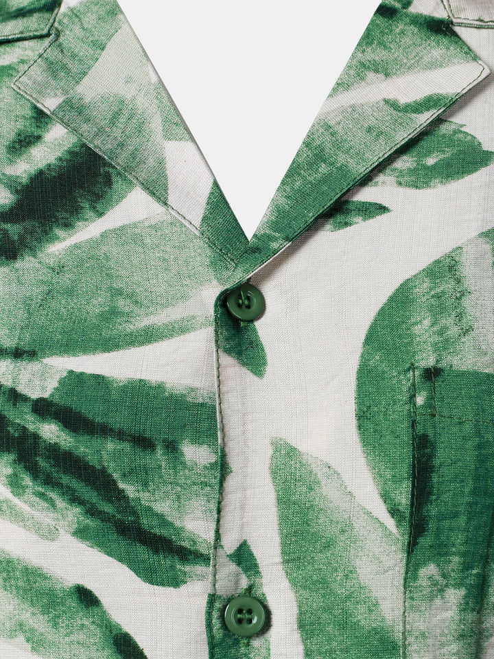Chemise Homme à Boutons Manches Courtes à Imprimé Feuilles Tropicales Vert avec Poche Style Hawaïen