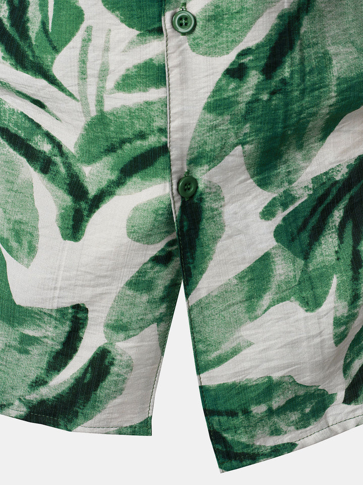 Chemise Homme à Boutons Manches Courtes à Imprimé Feuilles Tropicales Vert avec Poche Style Hawaïen