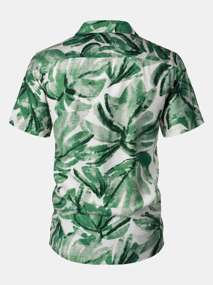 Chemise Homme à Boutons Manches Courtes à Imprimé Feuilles Tropicales Vert avec Poche Style Hawaïen