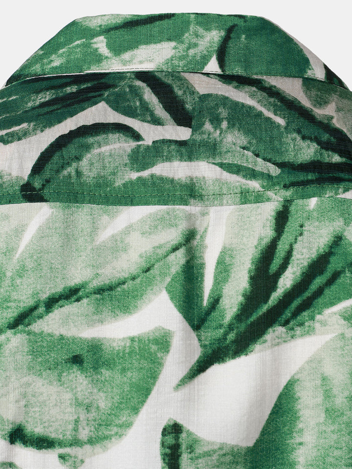 Chemise Homme à Boutons Manches Courtes à Imprimé Feuilles Tropicales Vert avec Poche Style Hawaïen