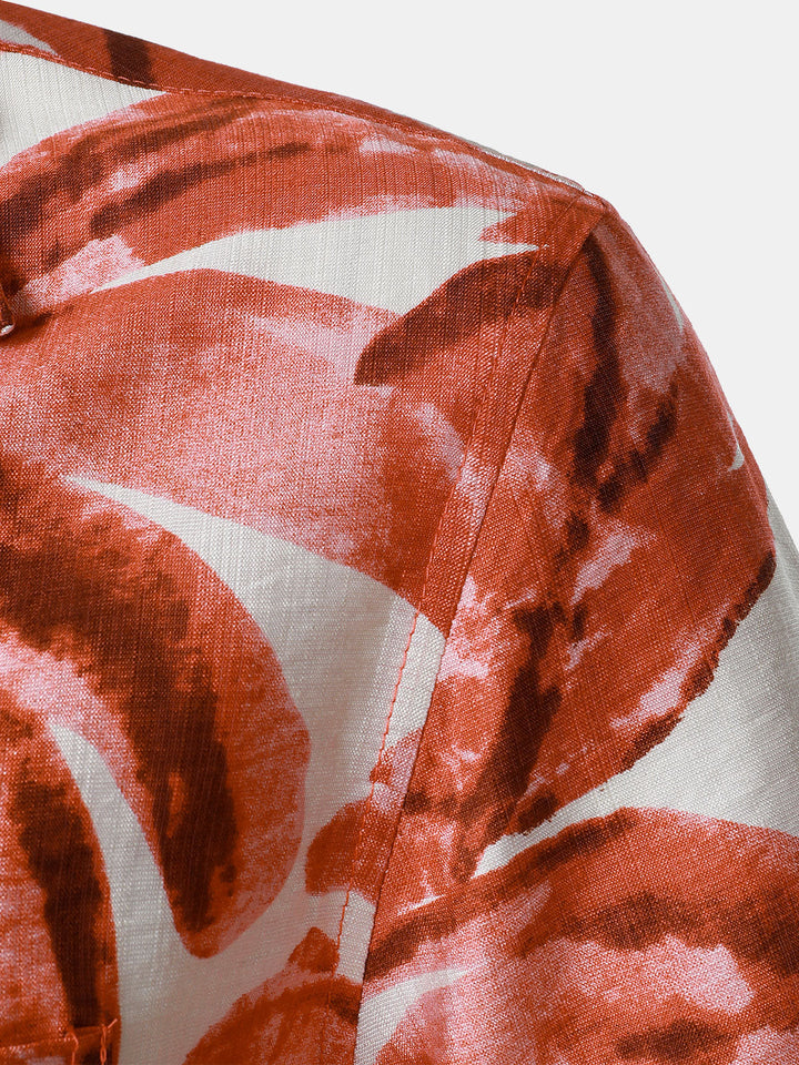 Chemise Homme à Boutons Manches Courtes à Imprimé Feuilles Tropicales Rouge avec Poche Style Hawaïen