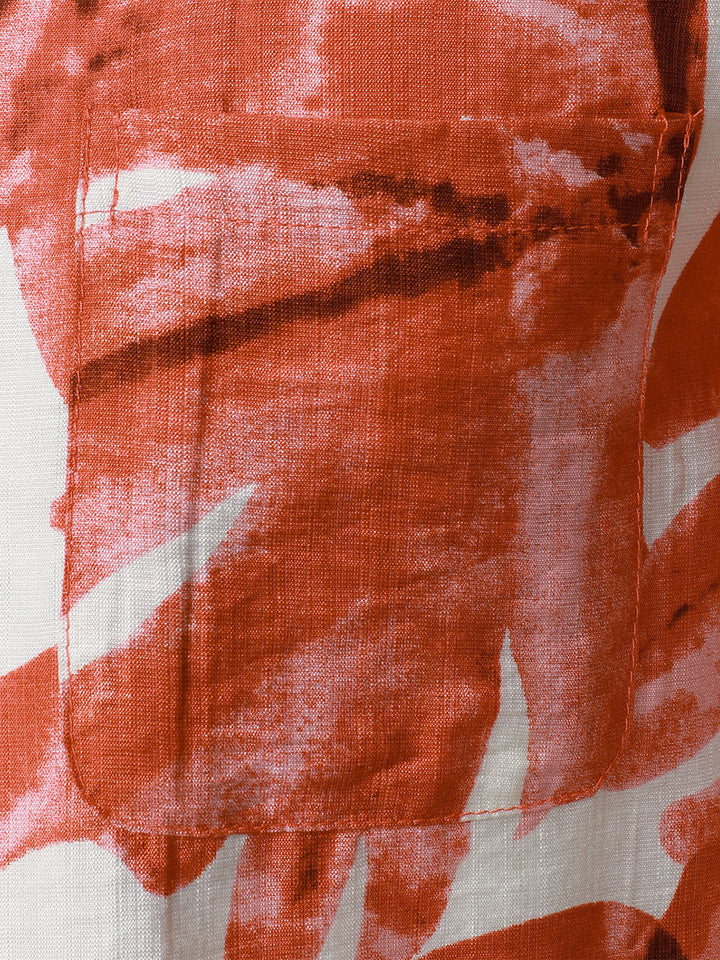 Chemise Homme à Boutons Manches Courtes à Imprimé Feuilles Tropicales Rouge avec Poche Style Hawaïen
