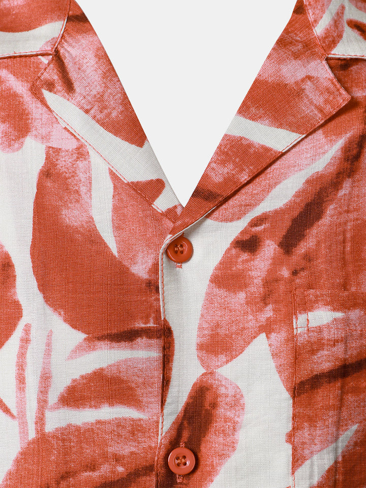 Chemise Homme à Boutons Manches Courtes à Imprimé Feuilles Tropicales Rouge avec Poche Style Hawaïen