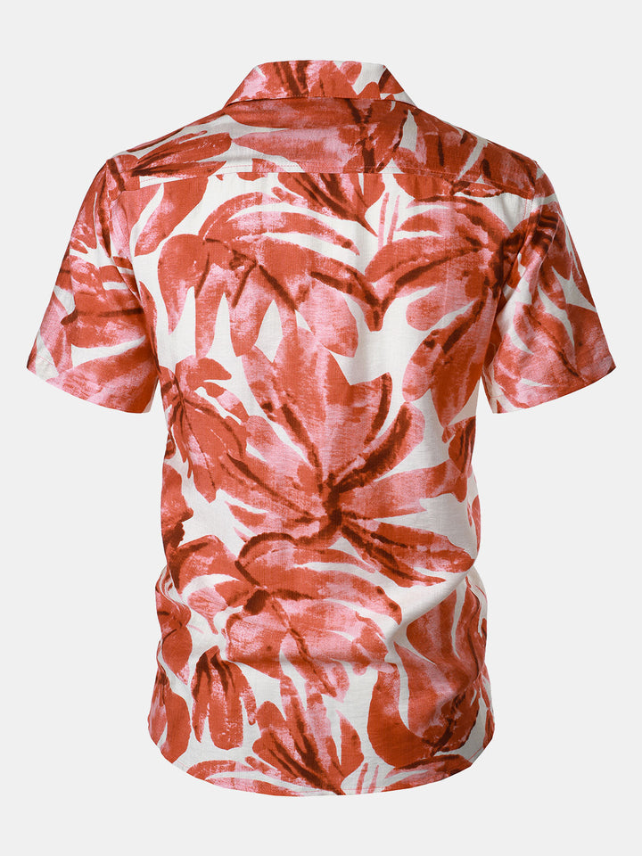Chemise Homme à Boutons Manches Courtes à Imprimé Feuilles Tropicales Rouge avec Poche Style Hawaïen