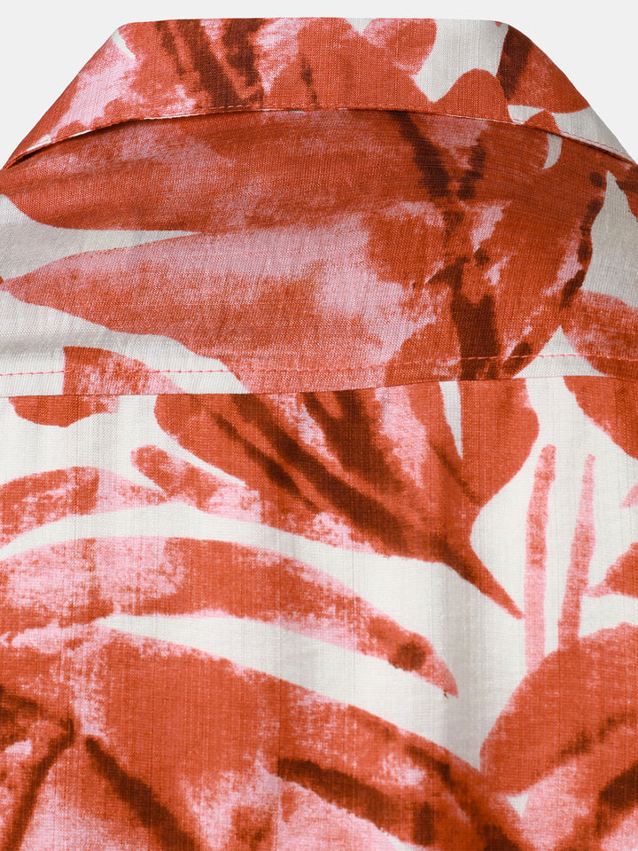 Chemise Homme à Boutons Manches Courtes à Imprimé Feuilles Tropicales Rouge avec Poche Style Hawaïen
